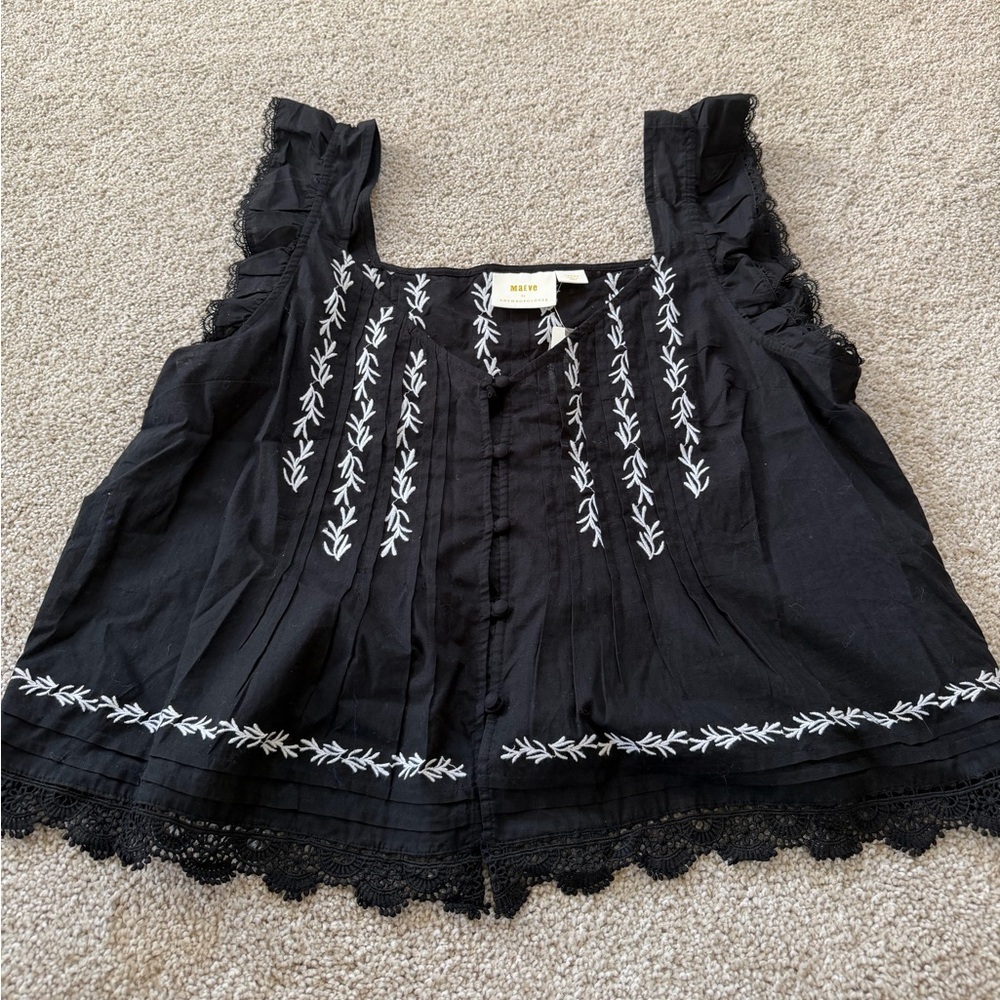 NWT Maeve Anthropologie Flutter-Sleeve Pintuck Blouse Button Black Cotton Large